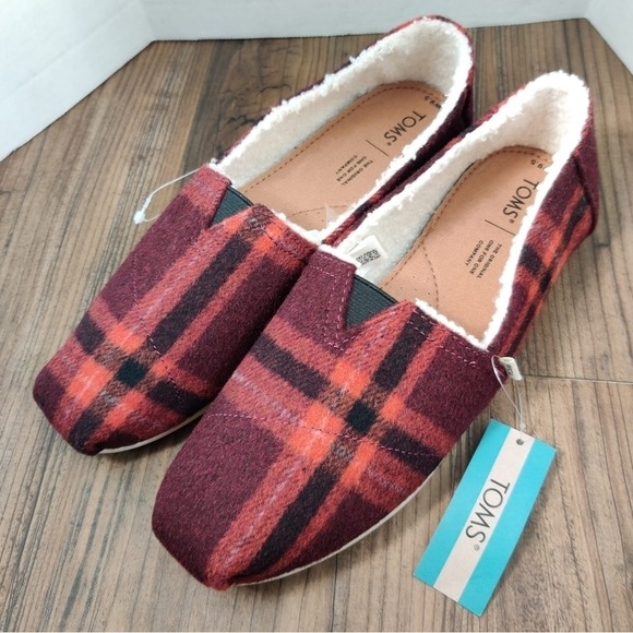 TOMS Alpargata Flat Wool Red Plaid Women's 9.5 Faux Fur Slip On Shoes‎ Boho Cute - Picture 8 of 16